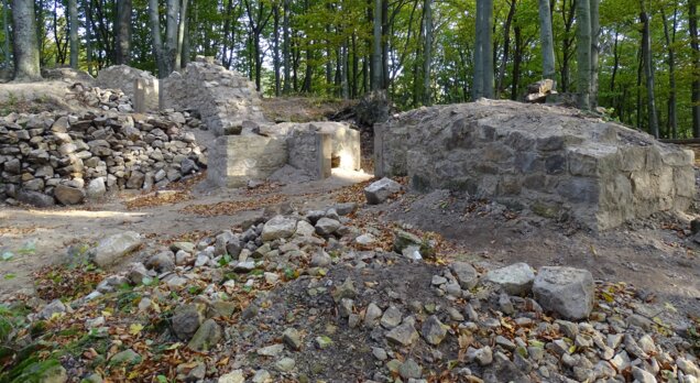 Zříceniny hradního paláce, stav po provedení konzervačních prací; v popředí pilíř, vlevo zbytek průčelí se vstupem do interiéru