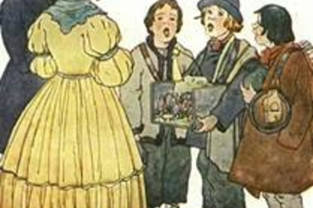Pohlednice z roku 1930 s motivem obchůzky se skříňkovým betlémem