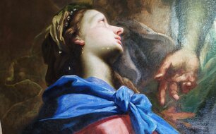 Petr Brandl, detail Panny Marie, obraz Nejsvětější Trojice s P. Marií, sv. Augustinem, sv. Tomášem z Villanovy a sv. Zuzanou, stav v průběhu restaurování.  