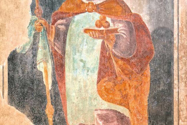 Katedrála sv. Mikuláše v Českých Budějovicích, nástěnná malba sv. Mikuláše. Foto nepodléhá Creative Commons.