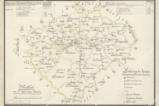 Mapa státních silnic v Čechách podle stavu z roku 1792. Národní archiv, Sbírka map a plánů.