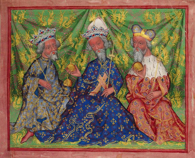 Václav IV., Karel IV. a Jošt Moravský (1430, pergamen, Národní galerie Praha)