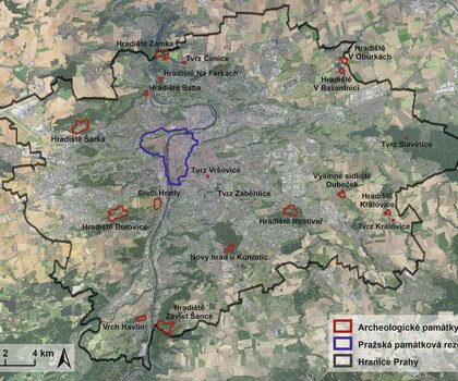 Přehledová mapa kulturních památek archeologické povahy na území Prahy mimo historické jádro (zdroj: ČÚZK, IPR, graficky zpracoval M. Kapic, 2025).